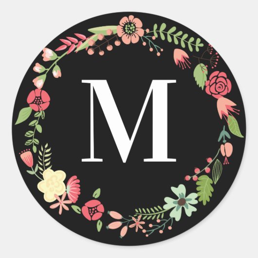 Floral Wreath Initiaal personaliseren Ronde Sticker (Voorkant)