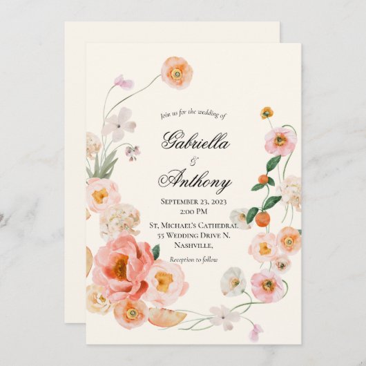Floral Wreath Modern Script Wedding Invitations Kaart (Voorkant / Achterkant)