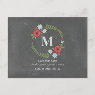 Floral Wreath Monogram Chalk Geïnspireerde bewaard Aankondigingskaart