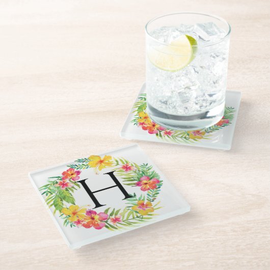 Floral Wreath Monogram Glazen Onderzetter (Schuin)