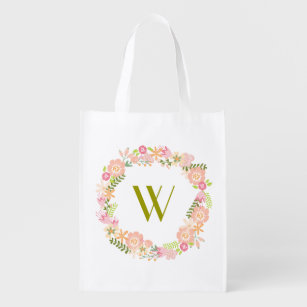 Floral Wreath Monogram Grocery Bag Boodschappentas