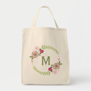 Floral Wreath Monogram Grocery Tas