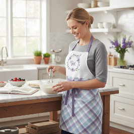 Floral Wreath Monogram Plaid Apron - Personalized  Schort