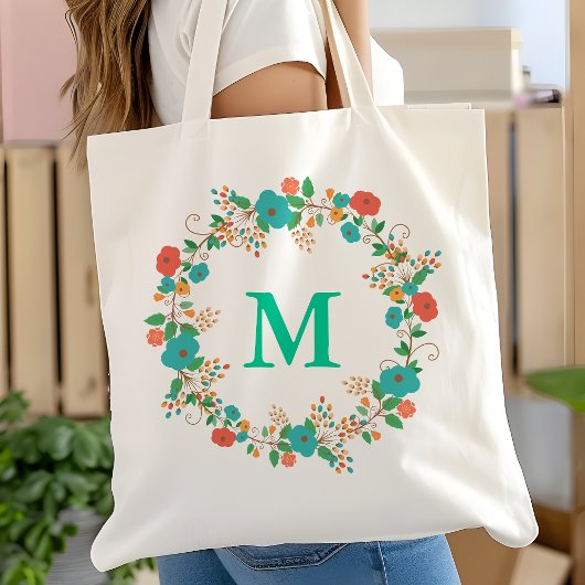  Floral Wreath Monogram Tote Bag