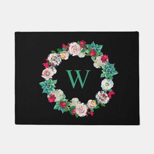Floral Wreath Monogrammed Black Deurmat (Voorkant)