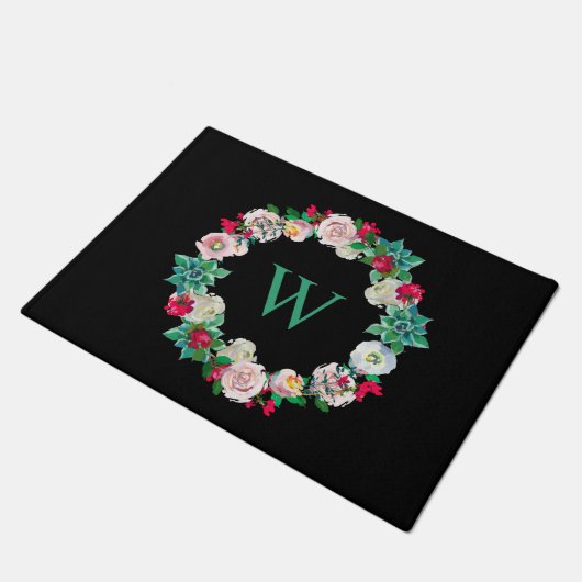 Floral Wreath Monogrammed Black Deurmat (Schuin)