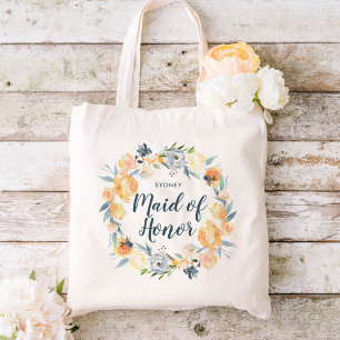 Floral Wreath Monogrammed Maid of Honor Tote Bag