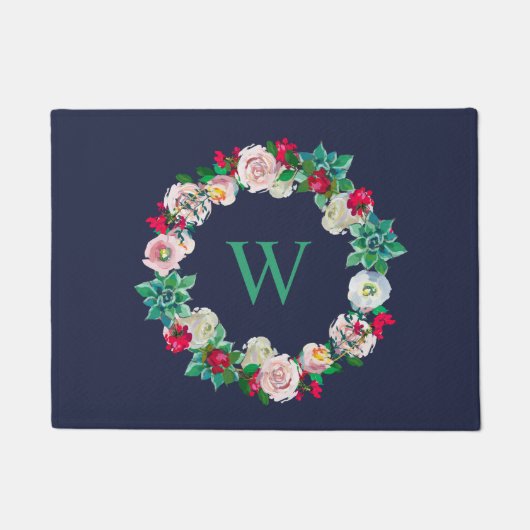 Floral Wreath Monogrammed Navy Blue Deurmat (Voorkant)
