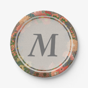 Floral Wreath on Faux Burlap Monogram Paper Bord