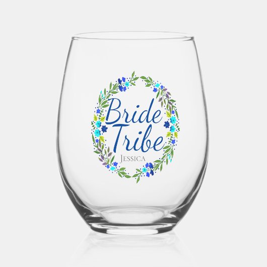  Floral Wreath Personalized Bride Tribe Wijnglas Zonder Voet (Voorkant)
