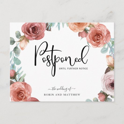 Floral Wreath Postponement Wedding Announcement Briefkaart (Voorkant)