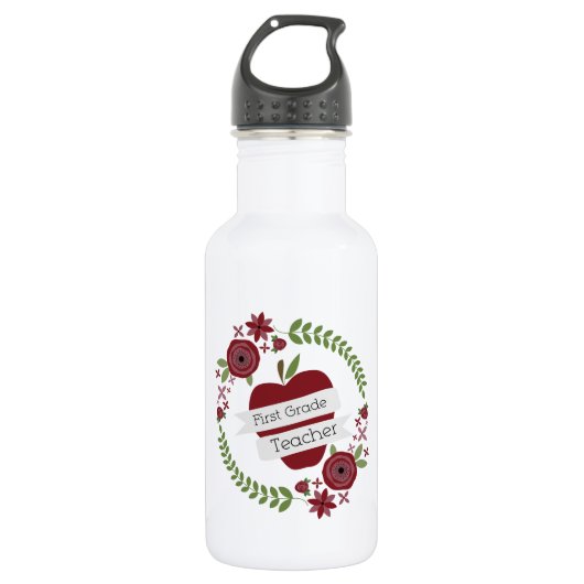 Floral Wreath Red Apple First Grade Teacher Waterfles (Voorkant)