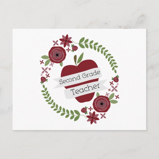 Floral Wreath Red Apple Second Grade Teacher Briefkaart (Voorkant)