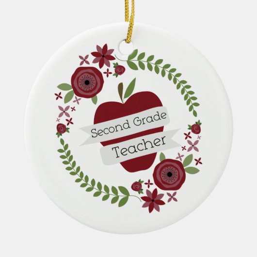 Floral Wreath Red Apple Second Grade Teacher Keramisch Ornament (Voorkant)