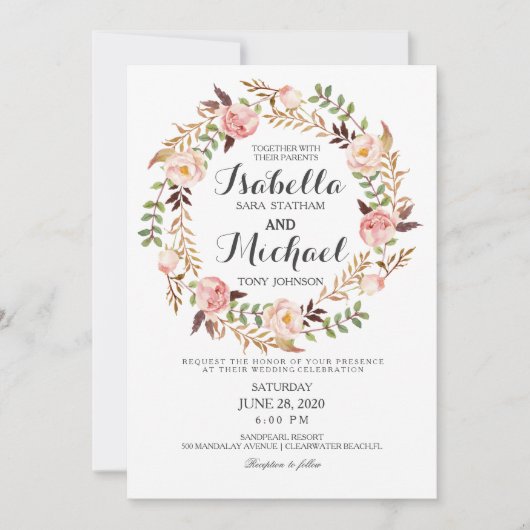 Floral Wreath Rustic Wedding Invitation Kaart (Voorkant)