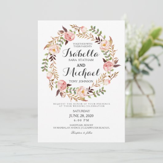 Floral Wreath Rustic Wedding Invitation Kaart (Staand voorkant)