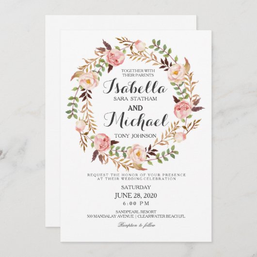 Floral Wreath Rustic Wedding Invitation Kaart (Voorkant / Achterkant)