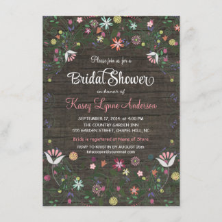 Floral Wreath Rustic Wood Bridal Shower Invitation Kaart