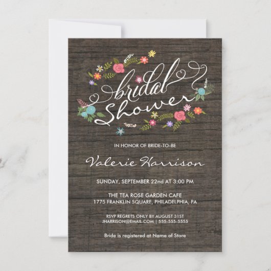 Floral Wreath Rustic Wood Vrijgezellenfeest Invite Kaart (Voorkant)