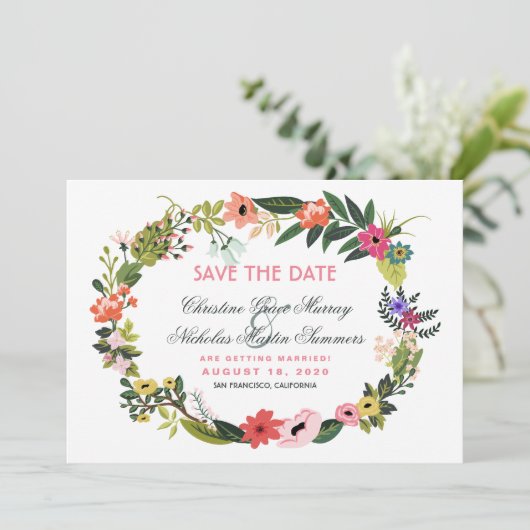 Floral Wreath sparen de Uitnodiging van de Datum (Staand voorkant)