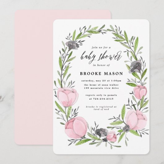 Floral Wreath Spring Baby shower Invitation Kaart (Voorkant / Achterkant)