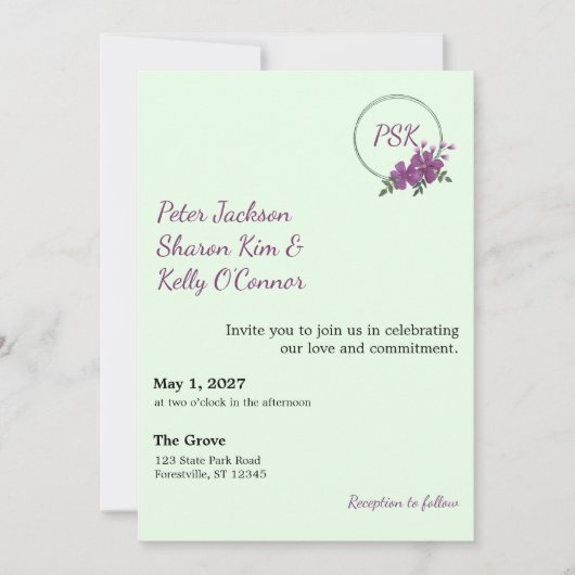 Floral Wreath Throuple Invitation Kaart (Voorkant)