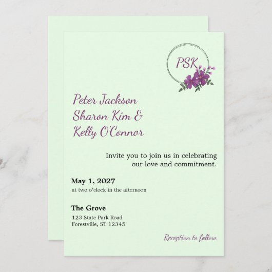 Floral Wreath Throuple Invitation Kaart (Voorkant / Achterkant)