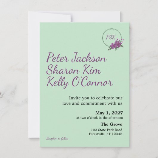 Floral Wreath Triad Wedding Invitation Kaart (Voorkant)
