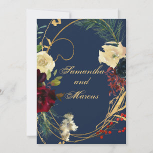 Floral Wreath Weddin Gold Blue Burgundy Waterverf Kaart