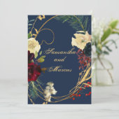 Floral Wreath Weddin Gold Blue Burgundy Waterverf Kaart (Staand voorkant)