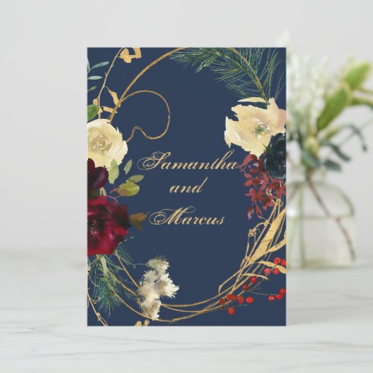 Floral Wreath Weddin Gold Blue Burgundy Waterverf Kaart (Staand voorkant)