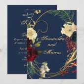 Floral Wreath Weddin Gold Blue Burgundy Waterverf Kaart (Voorkant / Achterkant)