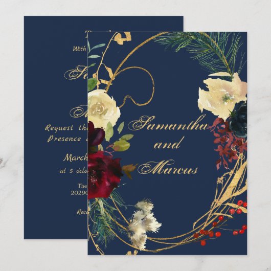 Floral Wreath Weddin Gold Blue Burgundy Waterverf Kaart (Voorkant / Achterkant)