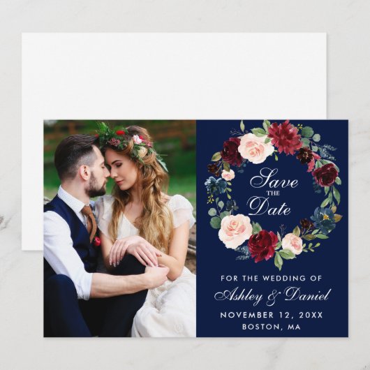 Floral Wreath Wedding Blue Burgundy Waterverf Save The Date (Voorkant / Achterkant)
