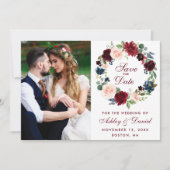 Floral Wreath Wedding Burgundy Blue Waterverf Save The Date (Voorkant)