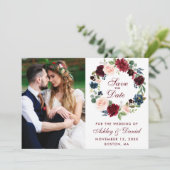 Floral Wreath Wedding Burgundy Blue Waterverf Save The Date (Staand voorkant)