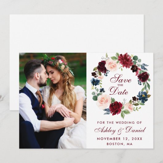 Floral Wreath Wedding Burgundy Blue Waterverf Save The Date (Voorkant / Achterkant)