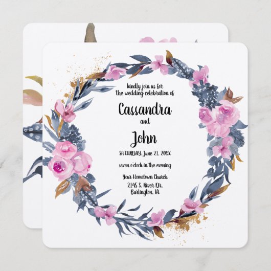  Floral Wreath Wedding Kaart (Voorkant / Achterkant)