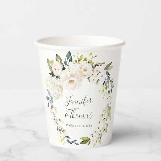 Floral Wreath Wedding White Waterverf Papieren Bekers (Voorkant)