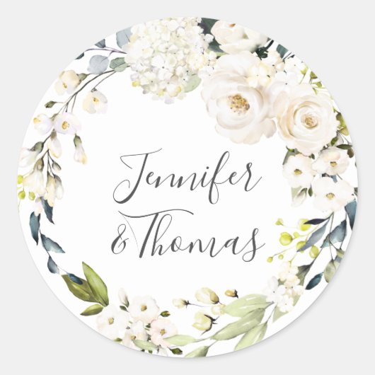 Floral Wreath Wedding White Waterverf Ronde Sticker (Voorkant)