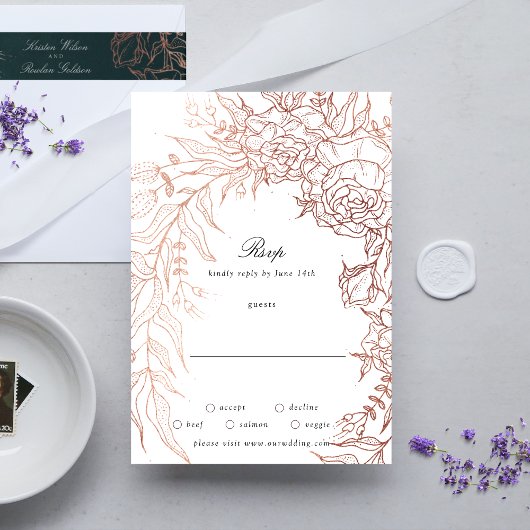 Floral Wreath White Black Emerald Copper Wedding RSVP Kaartje