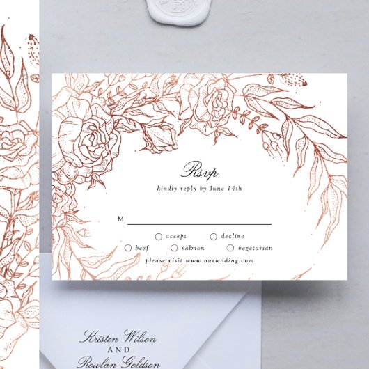 Floral Wreath White Black Emerald Copper Wedding RSVP Kaartje