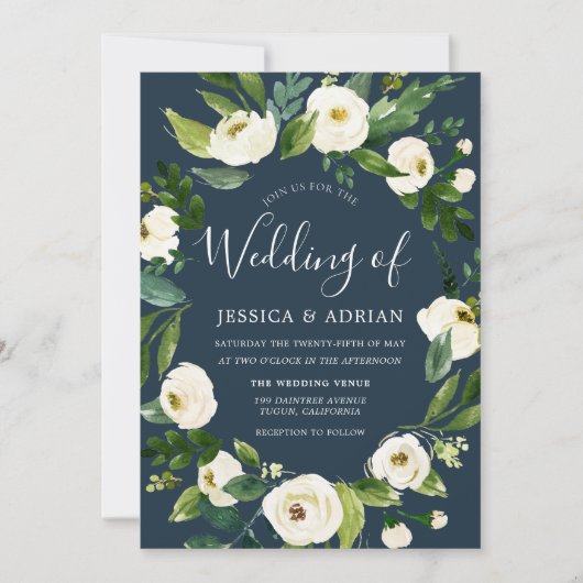 Floral Wreath White Flower Modern Wedding Invite Kaart (Voorkant)