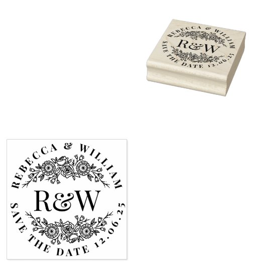 Floral Wreath Wooden Monogram Save The Date Rubberstempel (Gestempeld)