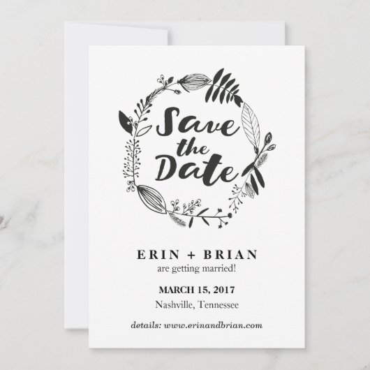 Floral Wreator Drawn Save the Date Card Kaart (Voorkant)
