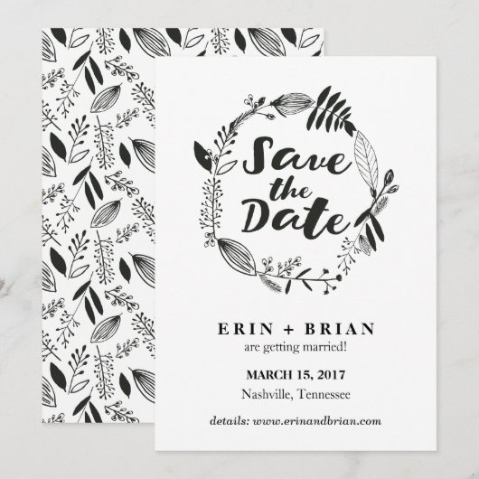 Floral Wreator Drawn Save the Date Card Kaart (Voorkant / Achterkant)
