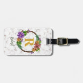 Floral Wreator Initiaal Letter Monogram Name Marbl Bagagelabel (Voorkant horizontaal)