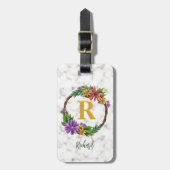 Floral Wreator Initiaal Letter Monogram Name Marbl Bagagelabel (Voorkant verticaal)