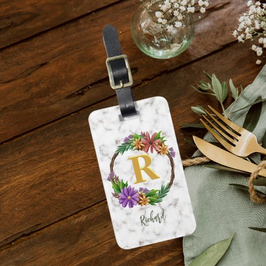 Floral Wreator Initiaal Letter Monogram Name Marbl Bagagelabel