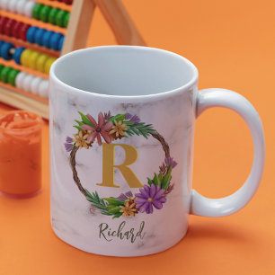 Floral Wreator Initiaal Letter Monogram Name Marbl Koffiemok